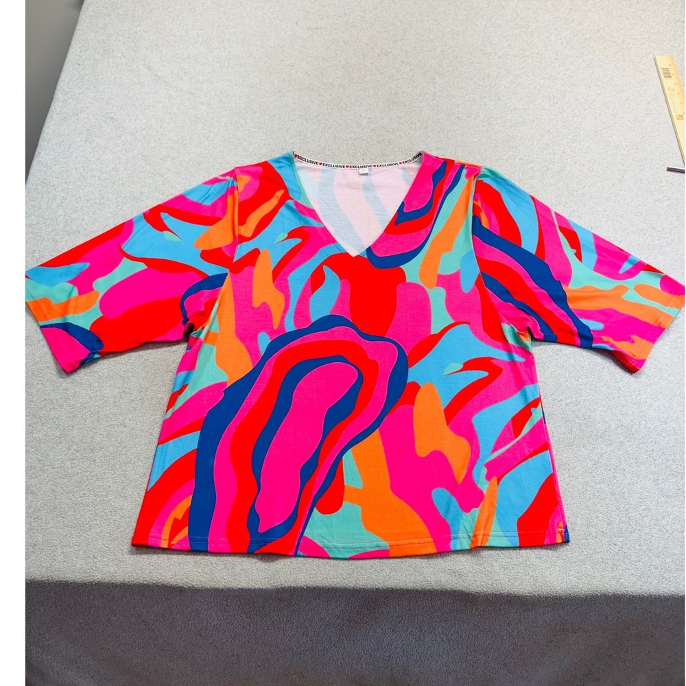 Exclusive V Neck T Shirt Womens L Multicolor Abstract Psychedelic Swirl Top Boho